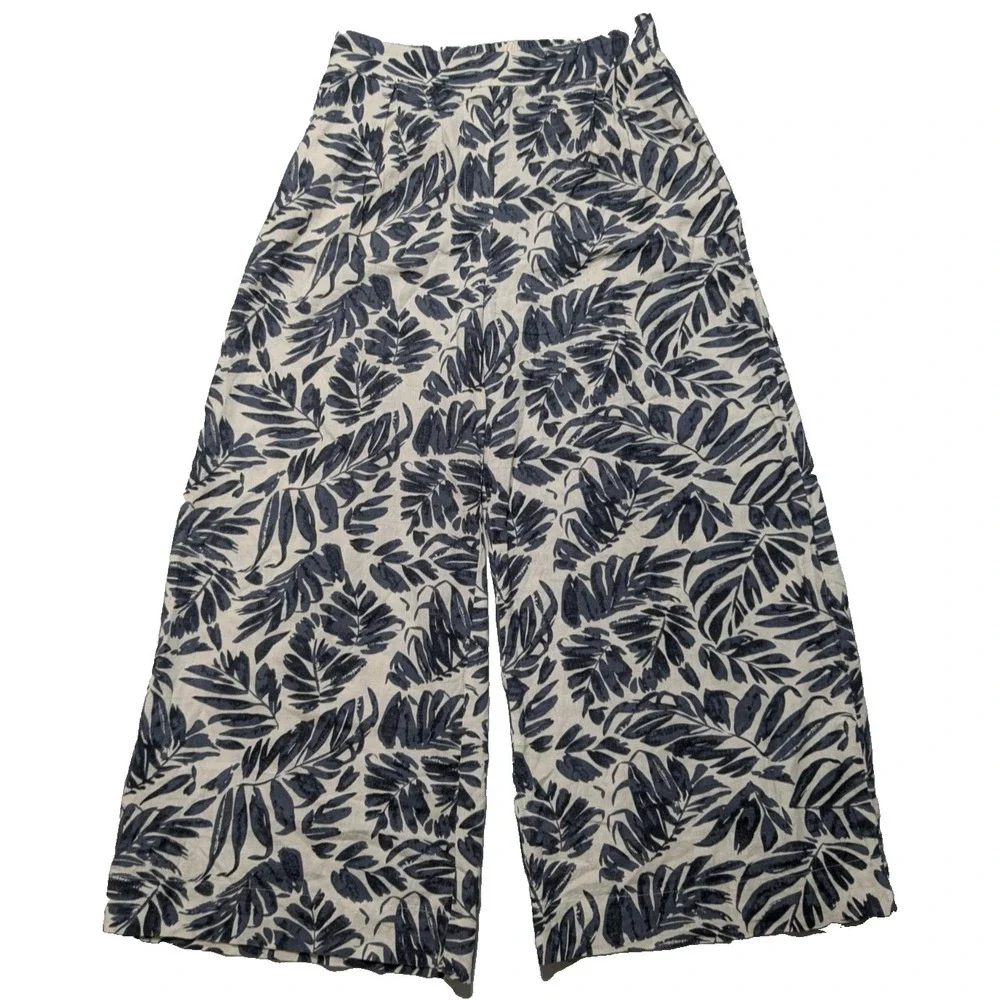 MNG MANGO Women Small Blue Ivory Linen Blend‎ AOP Pull-on Wide-Leg Cropped Pants
